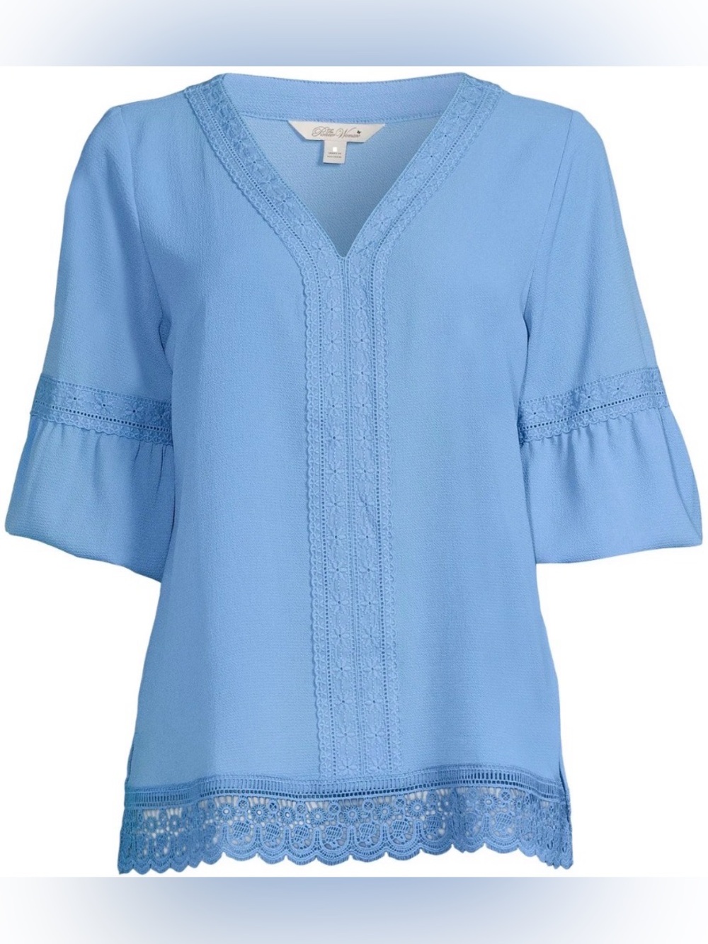 Pioneer Woman Light Blue V-Neck Crochet Trim Blouse